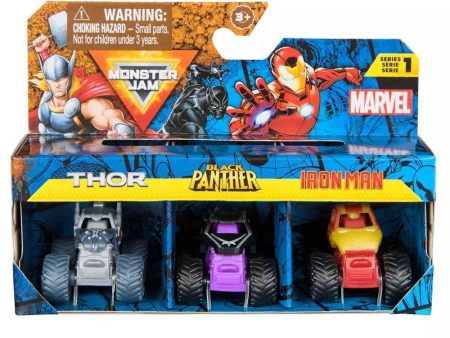 MONSTER JAM MINI MARVEL 3 PACK BUNDLE - THOR   BLACK PANTHER   IRON MAN For Cheap