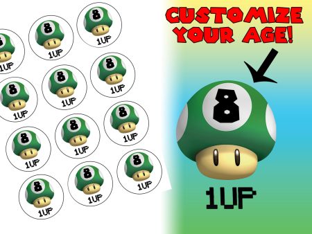 1up Mushroom Mario Birthday Party Customizeable Age Edible Cupcake Topper Images ABPID50798 Cheap